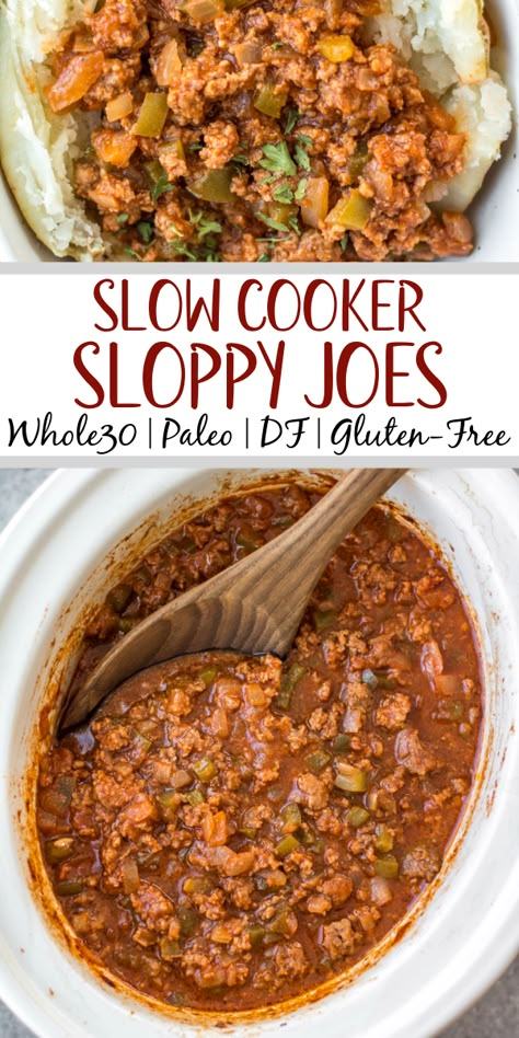 This easy recipe for slow cooker sloppy joes is so simple, but so full of the flavors we know and love! It's perfect for meal prep, easy weeknight meals, family gatherings or football parties, and so much more. The best is that it's Whole30, paleo, gluten-free, and made without sugar so everyone can enjoy! Cooking in the slow cooker makes it great for guests to serve themselves, or to bring to a potluck, and it's a budget friendly ground beef recipe that will be a family favorite! #... Whole 30 Potluck Recipes, Easy Gluten Free Crockpot Meals, Gluten Free Sloppy Joes, Sloppy Joe Recipe Crock Pot, Ground Beef Paleo Recipes, Whole 30 Crockpot Recipes, Ground Beef Crockpot Recipes, Paleo Slow Cooker Recipes, Slow Cooker Sloppy Joes