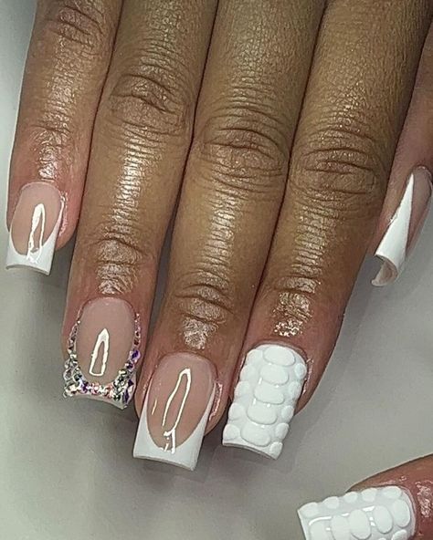 My white nail loverssssssss, where you atttttt??? These white nail inspos are just too cute to look past! Which slide is it for you? For me it’s slide 3! And remember,you can recreate all of them in Pressons or exquisite nail appointments with @nailsbyomoh To order or book appointment, Please send a dm Thank you! #fypシ #fypシ #nails Nails Acrylic For Back To School, Nail Designs First Day Of School, White Nail French Design, Cute White Short Nails Designs, Black French Tips Red Bottoms, Short Nails With Nail Art, White Nails With Small Design, White Tips With Diamonds, Nail Inspiration Black Women