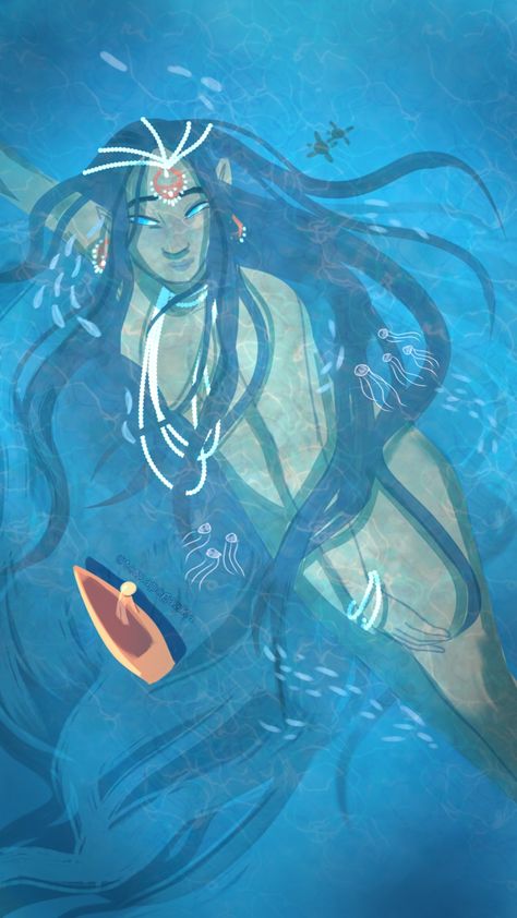 fantasy art original character oc Mythology Oc Art, Goddess Of The Sea Art, Sea Witch Character Design, Demi God Oc, Ocean Deity, Sea Angel Oc, Sun God Character Design, Ocean Goddess Art, Water Magic Art