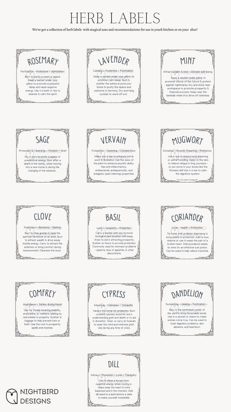 Witchy Labels, Herb Labels Printable Free, Herb Jar Labels, Tincture Labels, Herb Magical Properties List, Apothecary Labels Free Printables Blank, Herbal Shop, Spiritual Altar, Witchy Kitchen