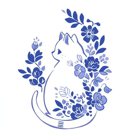 Blue Animals Drawing, Tattoo Designs Cute, Cat Tattoo Designs, Cat Paintings, Pola Sulam, 자수 디자인, Dessin Adorable, Cat Tattoo, Cat Drawing