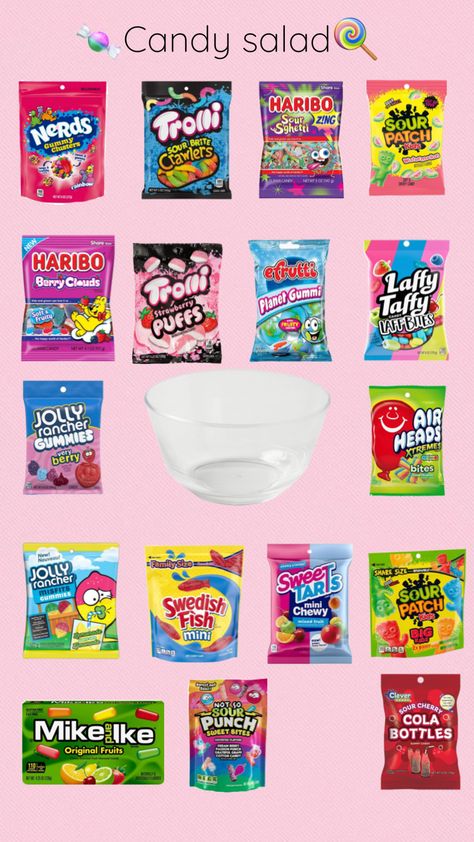 Candy salad idea! #candy #fyp #sweettooth #candysalad #trending Candy Salad Ideas, Salad Bowl Ideas, Chip Salad, List Of Candy, Teen Sleepover Ideas, Candy Salad, Christmas Sleepover, Teen Sleepover, Taffy Candy