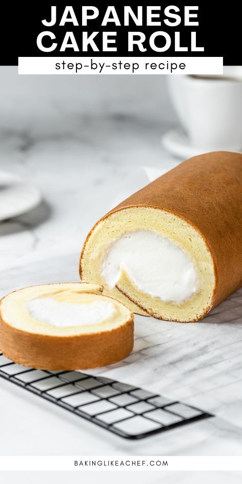 Japanese cake roll with a slice on a lined wire rack. Dojima Roll Cake, Japanese Chiffon Cake, Japanese Cake Roll, Japanese Roll Cake, Jam Roll, Swiss Roll Cakes, Japanese Pastries, Fresh Whipped Cream, Roll Cakes