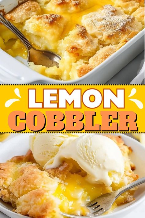 This lemon cobbler is the dessert of the summer! It's sweet, tart, and beautifully vibrant. And thanks to a bit of baking magic, it's a cinch to whip up. Magic Lemon Cobbler, Lemon Cobbler, Lemon Dessert Recipes Easy, Lemon Truffle, Lemon Pies, Lemon Desserts Easy, Cobbler Recipes Easy, Lemon Treats, Cobbler Topping