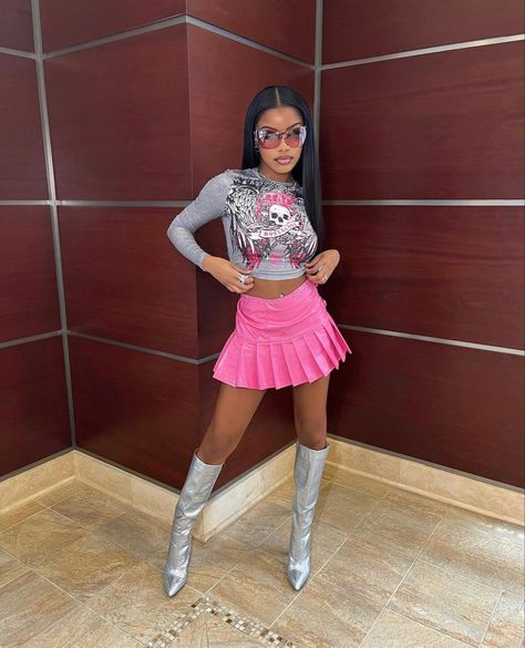 Pink White And Silver Outfit, Silver Pink Outfit, Pink And Silver Birthday Outfit, Pink And Silver Outfit, Nicki Minaj Concert Outfit, Mid Calf Boots Outfit, Pink Boots Outfit, Calf Boots Outfit, Nicki Concert