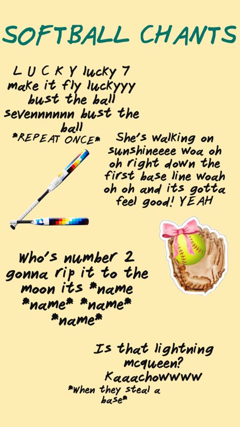 Softball Cheers For The Dugout, Baseball Chants, Softball Chants, Softball Cheers, Things To Write, Fun Outdoor Activities, Lucky 7, Lightning Mcqueen, Softball