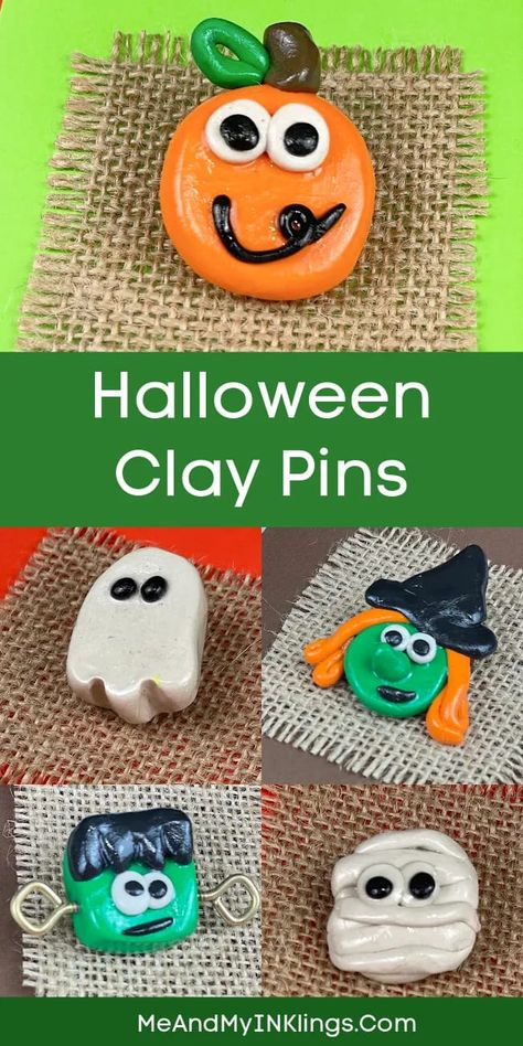 Sculpey Clay Halloween Pins that are Easy to Make #diyhalloween #polymerclayjewelry #polymerclay #bakeshopclay Halloween Clay Ideas For Kids, Halloween Clay Craft, Halloween Polymer Clay Ideas Easy, Fall Clay Projects, Clay Halloween Crafts, Halloween Clay Ideas, Make Your Own Clay, Clay Halloween, Clay Pins