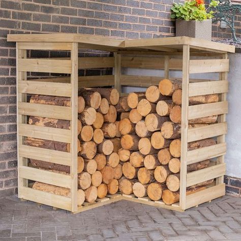 Pressure treated with 15-year anti-rot guarantee Constructed in the UK 12mm tongue and groove roof keeps logs dry 16mm slatted floor, back and sides provide excellent airflow Pressure-treated bearers protect against ground moisture Contemporary Fence Panels, Wooden Garden Buildings, Log Shed, Outdoor Garden Storage, Log Storage, Garden Wall Designs, Garden Corner, Timber Slats, Log Store