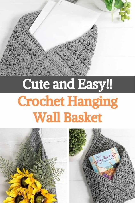 Add some decor to your walls with this crochet wall basket pattern. This great pattern is made from a simple crochet square and looks amazingly full of flowers. You can also use it to store mail or hang it next to your bed for a place to put your books. This crochet pocket tapestry can be worked up quickly. All you need to do is make a simple square, add a loop to hang it on, and sew it on. The author added a special stitch to give these baskets more texture, but you can also weave this wall... Book Baskets, Crochet Wall Hangings, Crochet Home Decor, Thick Yarn, Crochet Square, Baskets On Wall, Crochet Home, Crocheted Item, Single Crochet