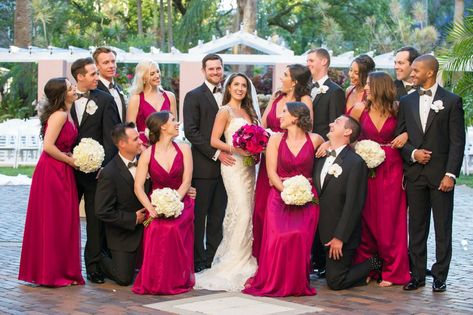 Hot Pink Wedding Colors, Pink Black Weddings, Pink Bridal Party, Hot Pink Bridesmaid Dresses, Hot Pink Bridesmaids, Black Weddings, St Pete Wedding, Living In Florida, Pink Wedding Colors