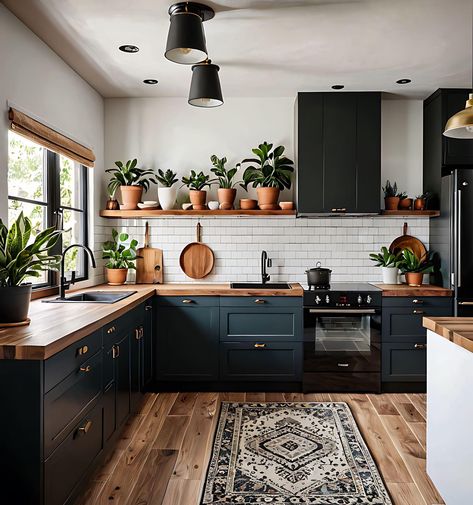 Dark Kitchen Cabinets, Kitchen Inspiration Design, Black Cabinets, Kitchen Diner, Kitchen Redo, Green Kitchen, Black Kitchens, Kitchen Makeover, Kitchen Style