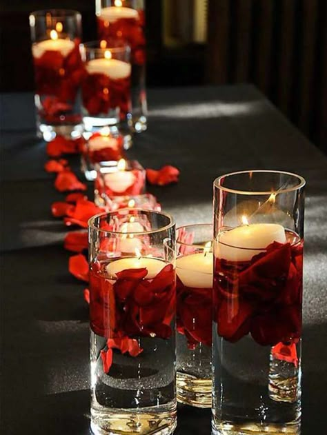 1pc Transparent Glass Candle Holder With Water Float Candle, White Floating Candle & Glass Cylinder Vase, For Table Decoration, Artistic Flower Arrangements And Wedding Party Centerpieces, Indoor Decoration & Romantic Candlelight Dinner | SHEIN USA Red And Black Proposal Decor, Love Dinner Romantic, Simple Red Wedding Decorations, Red Party Table Decorations, Valentine Theme Wedding Decor, Ruby Red Decorations, Red Rose Dinner Party, Red Wedding Theme Table Decor, Valentines Wedding Centerpieces