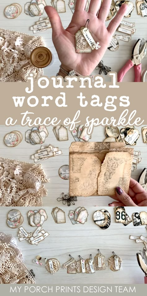 Words For Journaling, Bead Dangles For Junk Journals, Vintage Tags Ideas Handmade, Junk Journal Embellishments Ephemera, Laminator Projects, Easy Junk Journal, Journal Stamps, Junque Journal, Me Journal