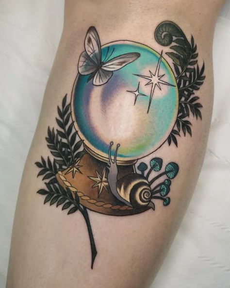 Orb Tattoo Design, Neo Traditional Crystal Ball Tattoo, Crystal Ball Tattoo Ideas, Cristal Ball Tattoo, Magic Ball Tattoo, Orb Tattoo, Crystal Ball Painting, Crystal Ball Drawing, Crystal Tattoo Ideas