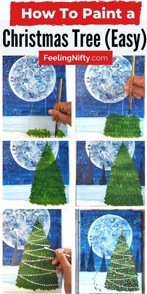 How to Paint a Christmas Tree And A Magical Winter Scene Christmas Tree On Canvas, Paint A Christmas Tree, Tree On Canvas, Cuadros Diy, Canvas Painting For Beginners, Christmas Tree Canvas, Diy Christmas Paintings, Christmas Canvas Art, Winter Art Projects