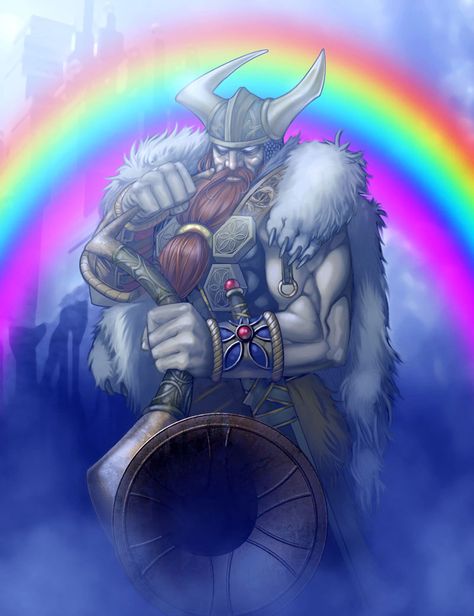 Heimdallr- Norse myth: a god that possesses the horn Gjallarhorn, owns the golden-maned horse Gulltoppr, has gold teeth, and is the son of Nine Mothers. Heimdallr has foreknowledge, keen eyesight and hearing, is described as "the whitest of the gods", and keeps watch for the onset of Ragnarök while drinking fine mead in his dwelling Himinbjörg, located where the burning rainbow bridge Bifröst meets heaven. Heimdallr and Loki are foretold to kill one another during the events of Ragnarök. Heimdall Norse Mythology, Nordic Gods, Norse Myth, Norse Symbols, Viking Art, Greek Myths, Norse Mythology, Gods And Goddesses, Mythical Creatures