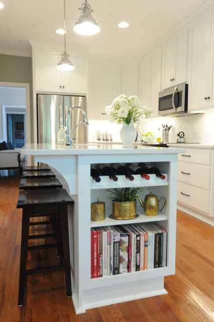 Open Shelf Island Storage, Kitchen Peninsula With Bookcase, Bookshelves In Kitchen Island, Shelf At End Of Island, Island End Shelves, Underneath Island Ideas, Kitchen Islands With Bookcase End, Small Kitchen Island With Wine Rack, Kitchen Island Shelves On End