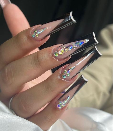 Black Stiletto Nails With Rhinestones, Pink Tip Nails, Bday Nails, Girly Acrylic, Acrylic Toe Nails, Black Acrylic Nails, Fantasy Nails, Swag Makeup, Gel Nails Diy