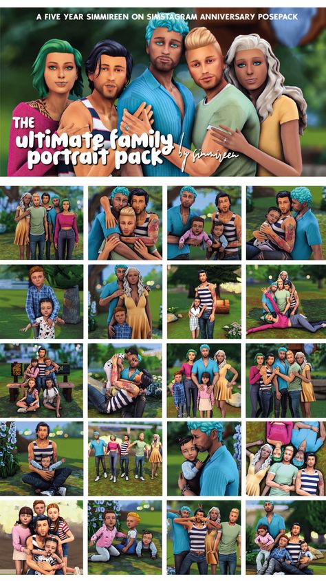 Ultimate family portrait pack | Patreon Sims 4 Afro Hair, Large Family Poses, Sims Love, Sims 4 Couple Poses, Sims 4 Family, Family Portrait Poses, The Sims 4 Packs, Family Photo Pose, Sims 4 Teen