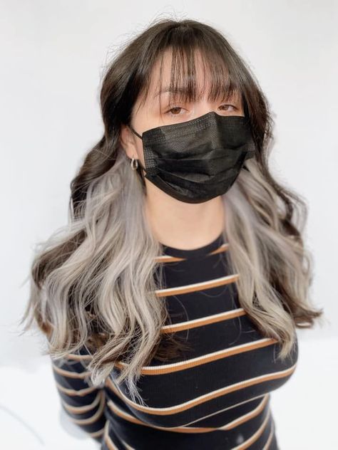 Bangs, black hair, white highlights White Hair Underneath Black, Black Hair And White Highlights, White Peekaboo Highlights, White Under Hair, Black And White Hair With Bangs, White Hair Dye Ideas, Black Hair White Underneath, Brown Hair White Highlight, White Underneath Hair