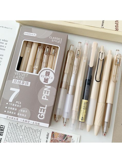 7pcs/set Push Button Ballpoint Pens & Liquid Ink Pens With Different Nibs, For Students, Quick Dry, Neutral ColorI discovered amazing products on SHEIN.com, come check them out! Romanticising Reading, Studying Stationary, Pretty School Supplies, Stationery Obsession, Cute Stationary School Supplies, Study Stationery, Korean Stationery, Liquid Ink, Stationary School