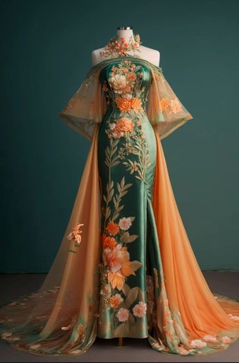 Fantasy Dresses, Fantasy Gowns, Fairytale Dress, Orange And Green, Fantasy Dress, Gorgeous Gowns, Fantasy Fashion, Beautiful Gowns, Fancy Dresses