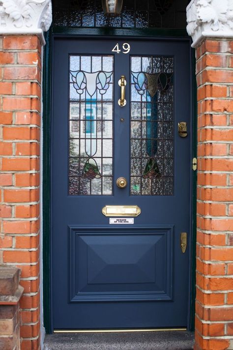 Bespoke accoya front door and fan light with beautiful stain glass, manufactured, fully factory finished and installed for a property in Islington, London. Victorian Front Doors, Cottage Front Doors, Front Door Inspiration, Traditional Front Doors, Front Door Styles, Blue Front Door, Islington London, Beautiful Front Doors, Front Door Makeover