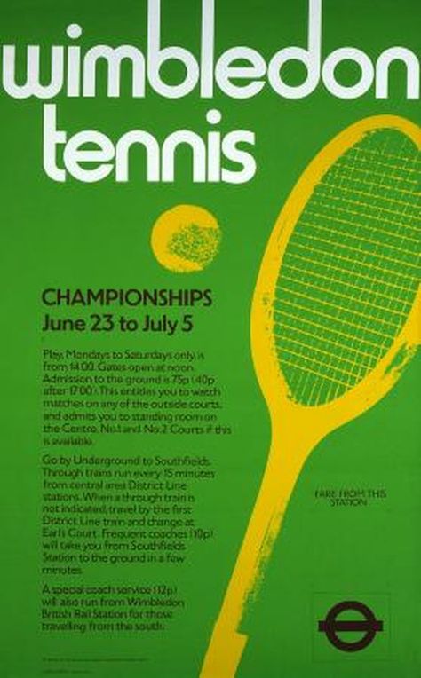 Poster; Wimbledon tennis, Artist unknown, 1974 | London Transport Museum Tennis Posters, London Transport Museum, Transport Museum, Wimbledon Tennis, Transportation Poster, Tennis Championships, Tennis Tournaments, Vintage Tennis, British Rail