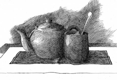 still life - pen and ink Ink Etching, Hatching With Pen, Biro Sketches, Pen Drawing Still Life, Ink Still Life, Still Life Hatching, Still Life Pen Sketch, Pen Still Life, Ink Pen Drawings Cross Hatching