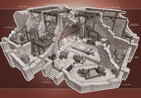 ArtStation - Tavern & Guild Hall, Su Wang Guild Hall, Interior Concept Art, Adventurer's Guild, Isometric Map, Landscape Concept, Dungeon Maps, Fantasy City, Concept Artist, Fantasy Map