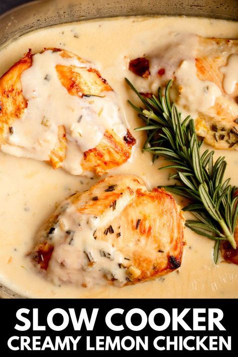 Slow Cooker Creamy Lemon Herb Chicken is perfectly tender chicken cooked in the slow cooker, topped with a creamy lemon sauce! This easy dinner is perfect for a busy weeknight. Creamy Lemon Chicken And Rice, Creamy Lemon Herb Chicken, Chicken And Rice Slow Cooker, Turkey Healthy Recipes, Lemon Chicken And Rice, Rice Slow Cooker, Creamy Lemon Sauce, Cottage Cheese Smoothie, Slow Cooker Pork Tenderloin