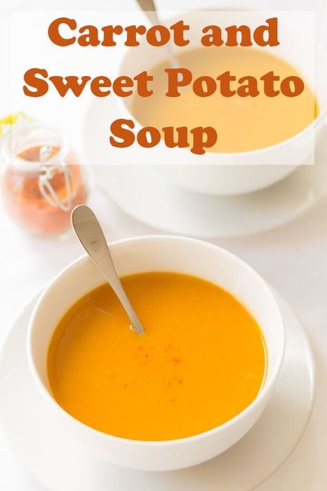 Healthy carrot and sweet potato soup recipe is delicious and easy to make. Vegan, gluten free and dairy free too, it's a low calorie filling soup that gives you a warming hug just when you need it most! #neilshealthymeals #carrotsoup #sweetpotatosoup #carrotsweetpotatosoup Carrot And Sweet Potato Soup, Carrot And Sweet Potato, Soup Carrot, Soup Maker Recipes, Sweet Potato Soup Recipes, Low Fat Cooking, Dairy Free Soup, Soup Maker, Potato Soup Recipe