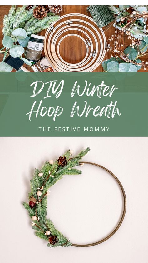 DIY winter hoop wreath with an embroidery hoop and pine for rustic winter farmhouse decor Diy Hoop Christmas Wreath, Winter Hoop Wreath Diy, Holiday Hoop Wreath, Christmas Wreath Embroidery Hoop, Embroidery Hoop Christmas Decor, Embroidery Hoop Wreath Christmas, Winter Hoop Wreath, Embroidery Hoop Wreath Diy, Embroidery Hoop Christmas Crafts