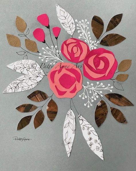 Scrapbook Paper Collage Art, Mosaic Paper, Paper Rose Bouquet, Pink Scrapbook Paper, Collage Illustrations, Collage Flowers, Cutout Art, Pink Scrapbook, Botanical Collage