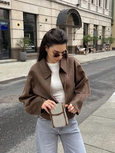 Women Vintage Brown Short Woolen Blend Coat Elegant Lapel Long Sleeve Zipper Cropped Jacket Fashion Cardigan Rosa, Autumn Chic, Street Jacket, Ladies Short Jackets, Waist Jacket, Loose Coats, Brown Shorts, Vintage Short, Womens Parka