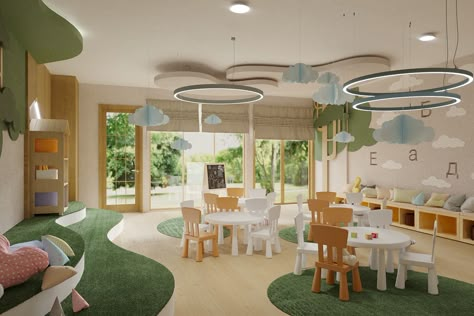 Preschool Reception Area Design, Kindergarten Set Up, Daycare Design Layout, Kindergarten Interior Design Classroom, Kindergarten Reception Design, Modern Daycare Design, Art Studio Kids, Preschool Interior, Daycare Interior Design