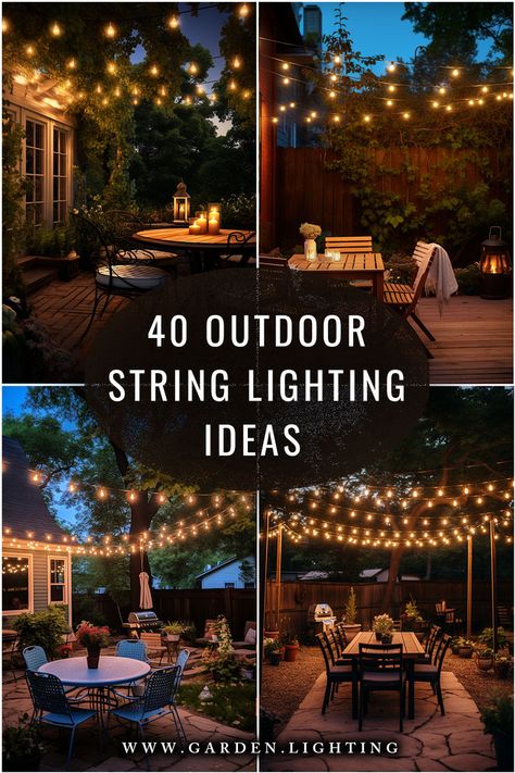 a series of photos of outdoor string lighting ideas Outdoor String Lighting Ideas, Outdoor String Lighting, Deck String Lights, Outdoor Lighting Ideas Backyards, Outdoor Deck Lighting, Outdoor String Lights Patio, String Lighting, Outdoor Curtains For Patio, Garden String Lights