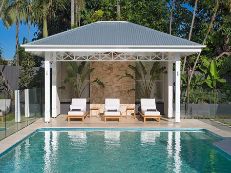 Specializing in Hampton designs — BAASTUDIO Architecture- Building Aesthetic Architecture Hamptons Pool House, Hampton Pool, Pool Cabana Ideas, Hamptons Houses, Hampton Style Home, Pool Gazebo, Hamptons Homes, Pool Pergola, Queenslander House