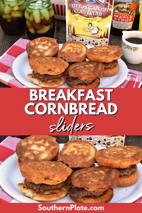 Cornbread Sliders, Breakfast Cornbread, Cornbread Cakes, Onion Cornbread, Country Cornbread, Cornbread Dishes, Sausage Cornbread, Sausage Sliders, Slider Recipe