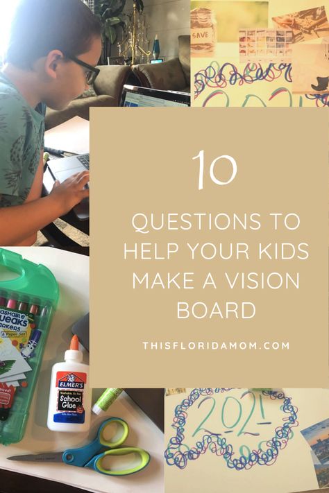 Ask these questions to help your kids create a vision board. Goal setting for kids. Family plans, family staycation. Kid Vision Board, Vision Board For Kids Ideas, Vision Board Ideas For Kids, Vision Board With Kids, Vision Boards For Kids, Kid Vision Board Ideas, New Years Vision Board Kids, Vision Board Ideas With Kids, Back To School Vision Board For Kids