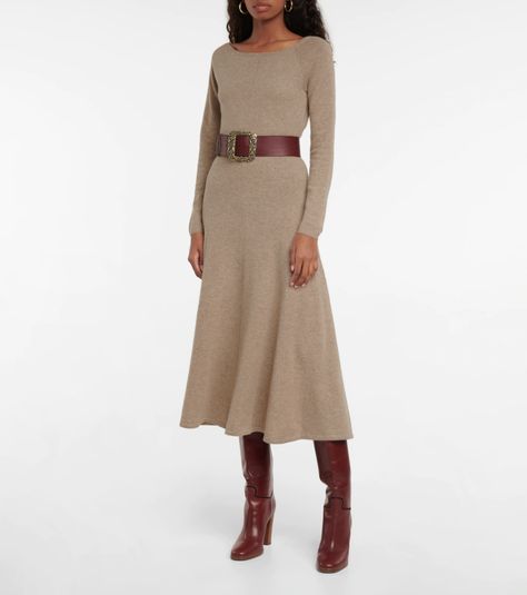 Off-shoulder cashmere maxi dress Ralph Lauren Belt, Belt Boots, Wool Sweater Dress, Knit Tank Dress, Cashmere Dress, Elegant Lady, Stylish Work Outfits, Ralph Lauren Outfits, Fashion Fall