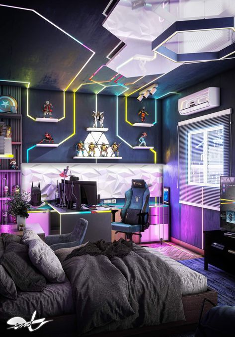 Bilik Lelaki, Gaming Bedroom Ideas, Geek Home Decor, Games Room Inspiration, Gaming Bedroom, Gamer Bedroom, Small Game Rooms, Cool Room Designs, Gamer Room Decor