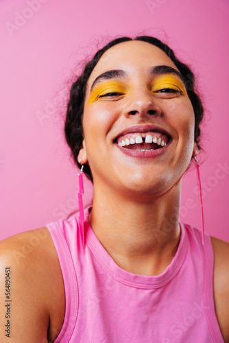 Stock Image: Creative studio portrait of beautiful hispanic woman with diastema - Cool, modern and unique female adult posing on colorful background, concepts about diversity, individuality and fashion Playful Portrait Photography, Cool Headshots, Cool Portrait Photography, Color Block Portrait, Boho Branding, Studio Portrait, Portrait Photoshoot, Colorful Background, Colorful Portrait