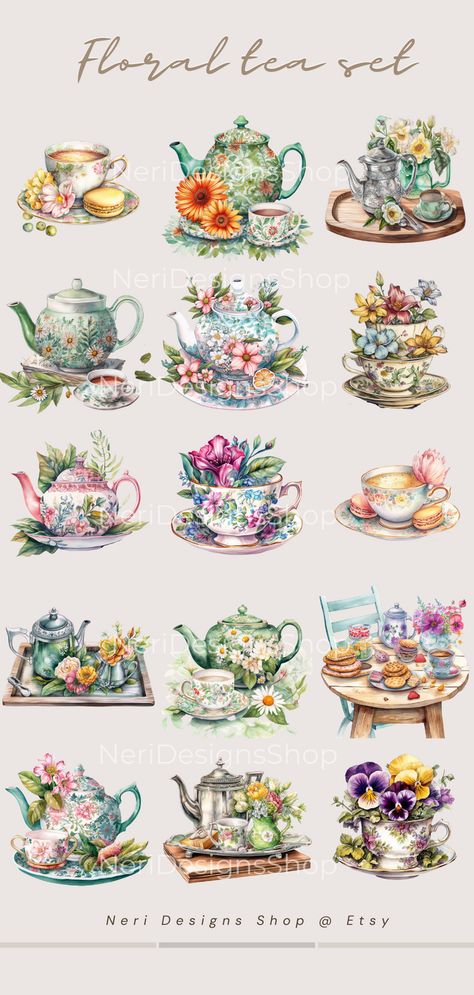 Tea Clipart, Cup Watercolor, Floral Tea Set, Time Clipart, Beautiful Floral Arrangements, Floral Teapot, Vintage Tea Cup, Watercolor Images, Floral Tea