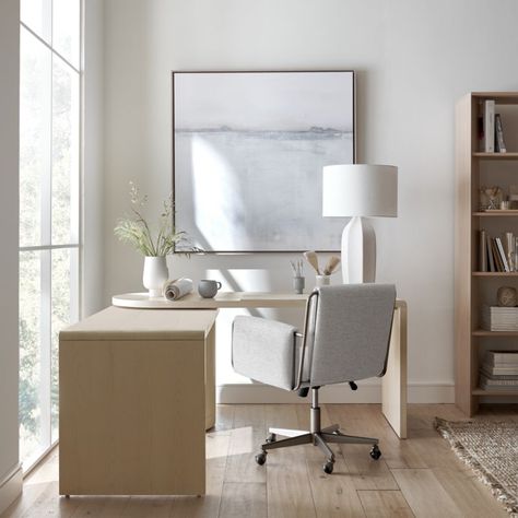 Indulge your home office with living-room luxe. Our Caterina office chair blanket-wraps a textured, linen-like fabric over a frame of tubular steel for chic cushioning. The metal frame's silver finish with pewter patina harmonizes beautifully with the light grey upholstery for a functional chair with lots of style. Outfitted with casters, the ergonomically designed chair adjusts for varying heights to make your office stay a comfortable one. The Caterina grey office chair is a Crate & Barrel exc Upholstered Office Chair, Grey Office, Large Desk, Table Lamps For Bedroom, Office Interior Design, Home Office Design, Unique Furniture, Decoration Design, Home Office Decor