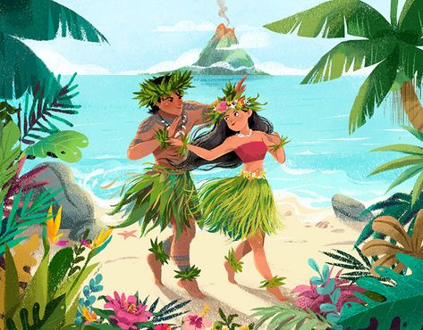 Dung Ho on Behance Luau Illustration, Beach People Illustration, Hawaiian Illustration, Volcano Goddess, Hawaiian Legends, Summer Illustrations, Outfits Drawing, Children's Book Characters, Hawaii Art