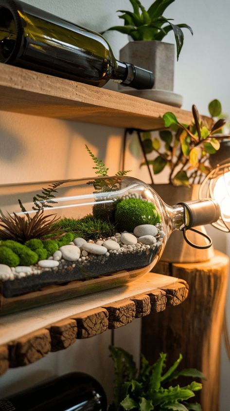 Upcycle wine bottles into unique terrariums! Fill them with moss, ferns, and pebbles for a sleek, eco-friendly display. Horizontal or vertical, these designs add sophistication to any shelf or table. Upcycle Wine Bottles, Unique Terrarium, Plant Store, Terrarium Containers, Terrarium Ideas, Ideas For Small Spaces, Miniature Garden, Wine Bottles, Terrarium