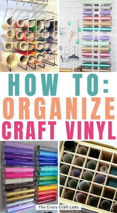 These Cricut vinyl storage ideas may be just the thing you're looking for if vinyl is taking over your craft space. These storage solutions will help you keep a nicely organized craft space and give you lots of ideas for spaces of any size. Storage For Vinyl Rolls Diy, How To Organize Vinyl Rolls, Storing Cricut Vinyl Rolls, Organizing Vinyl Rolls, Diy Cricut Organization, Storing Vinyl Rolls, Cricut Vinyl Storage Ideas Diy, How To Store Vinyl Rolls, Vinyl Holder Ideas