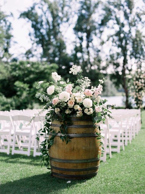 White Wedding Ceremony Decor, Blush Pink White Wedding, Barrel Wedding Decor, House Vancouver, Pink White Wedding, Wine Barrel Wedding, Barrel Flowers, Hart House, Barrel Wedding