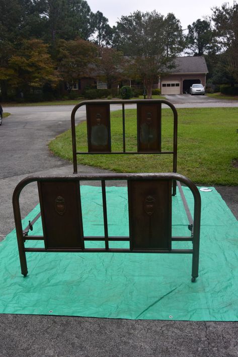 Antique Metal Bed Frame Repurposed, Vintage Metal Bed Frame Ideas, Spray Paint Metal Bed Frame, Metal Bed Frame Redo, Old Metal Bed Frame Ideas, Slow Burn Love, Antique Metal Bed, Painted Iron Beds, Painting Rusted Metal